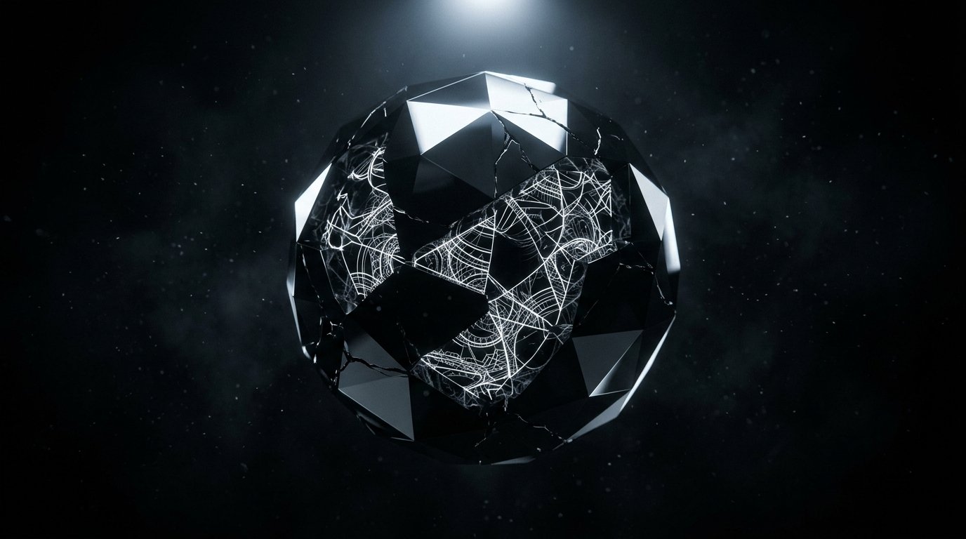 A 3D Octane render of a floating geometric obsidian sphere in a pitch-black, atmospheric void. The highly polished, reflective surfaces of the obsidian are catching sharp, cold white overhead light. Subtle, volumetric cracks reveal a complex internal structure of fine, white algorithmic filigree pulsing with internal light. Masterpiece quality, photorealistic textures, high contrast, deep shadows.