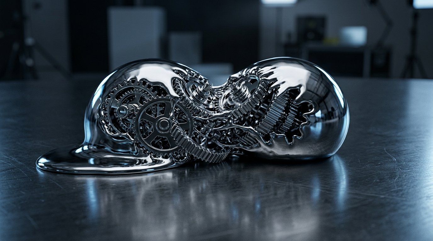 A macro 3D Octane render of two separate, liquid-mercury droplets merging on a polished, dark-grey surface. As they touch, they are instantly transforming into complex, interlocking, mirror-like gear systems. The surfaces reflect the moody, dark studio environment. Cold blue and white rim lighting, hyper-detailed precision, futuristic mechanical engineering, dark mode aesthetic