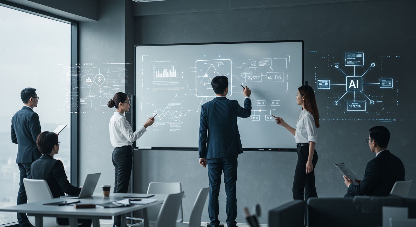A diverse team of professionals collaborating around a digital whiteboard, with AI-generated content and prompt structures displayed, symbolizing human-AI collaborative problem-solving.