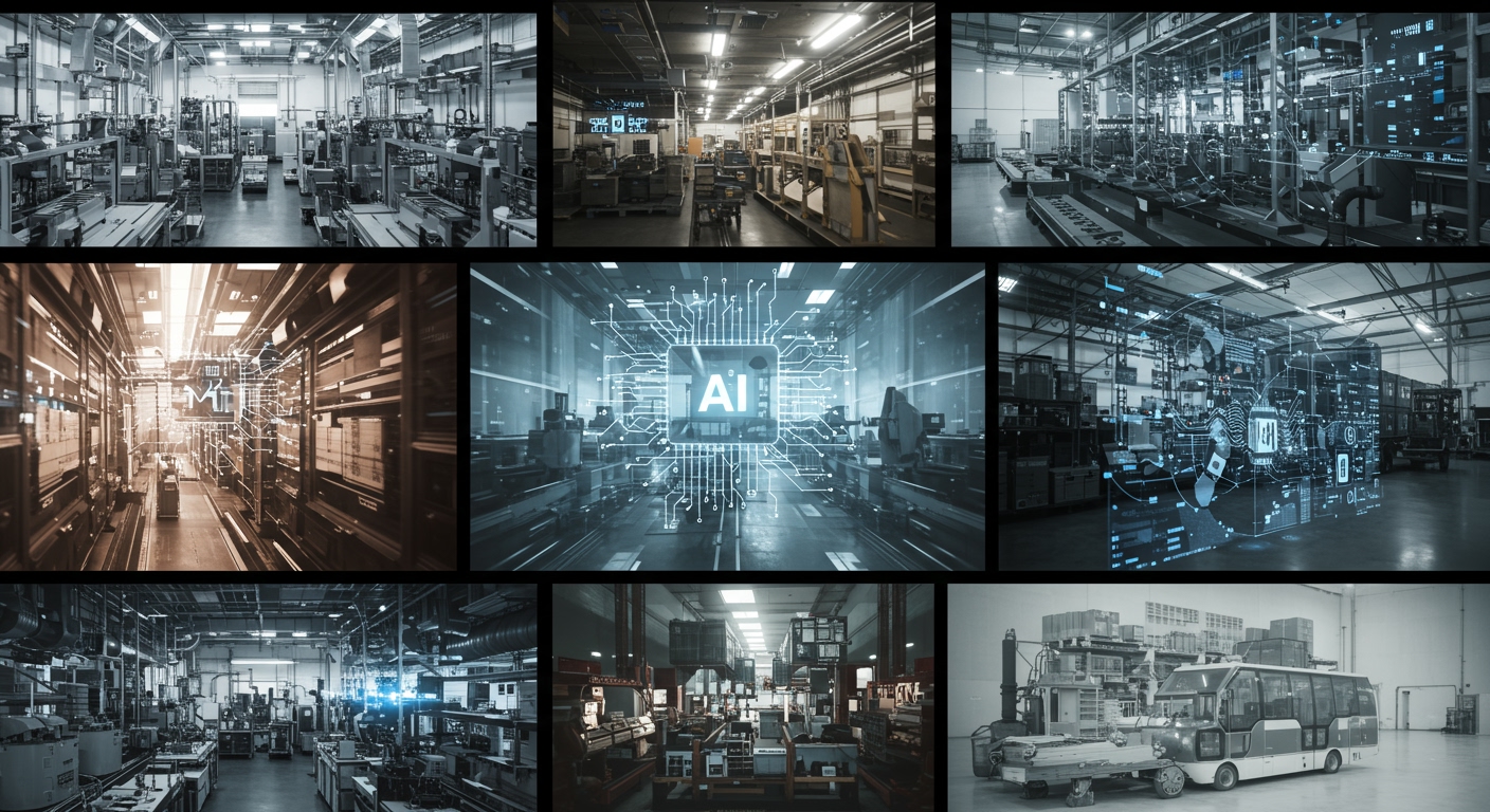 A dynamic collage image depicting various industries (e.g., a factory floor, a retail store, a financial data screen, a logistics hub) with subtle AI-related overlays or glowing lines connecting processes, showing AI's pervasive impact.