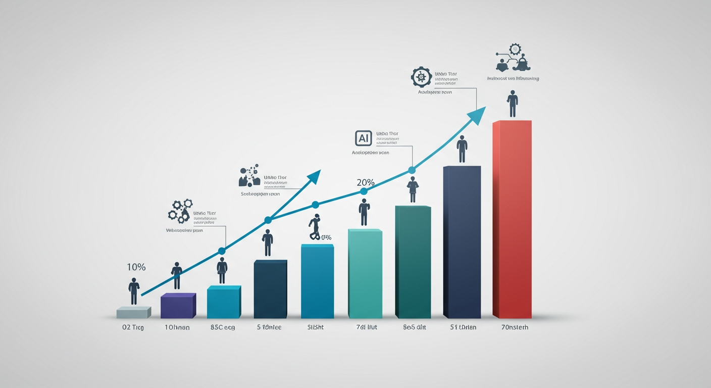 A dynamic infographic-style image showing rising bar charts and upward-trending lines representing AI market growth, adoption rates, and investment, with small icons symbolizing different industries and job roles.