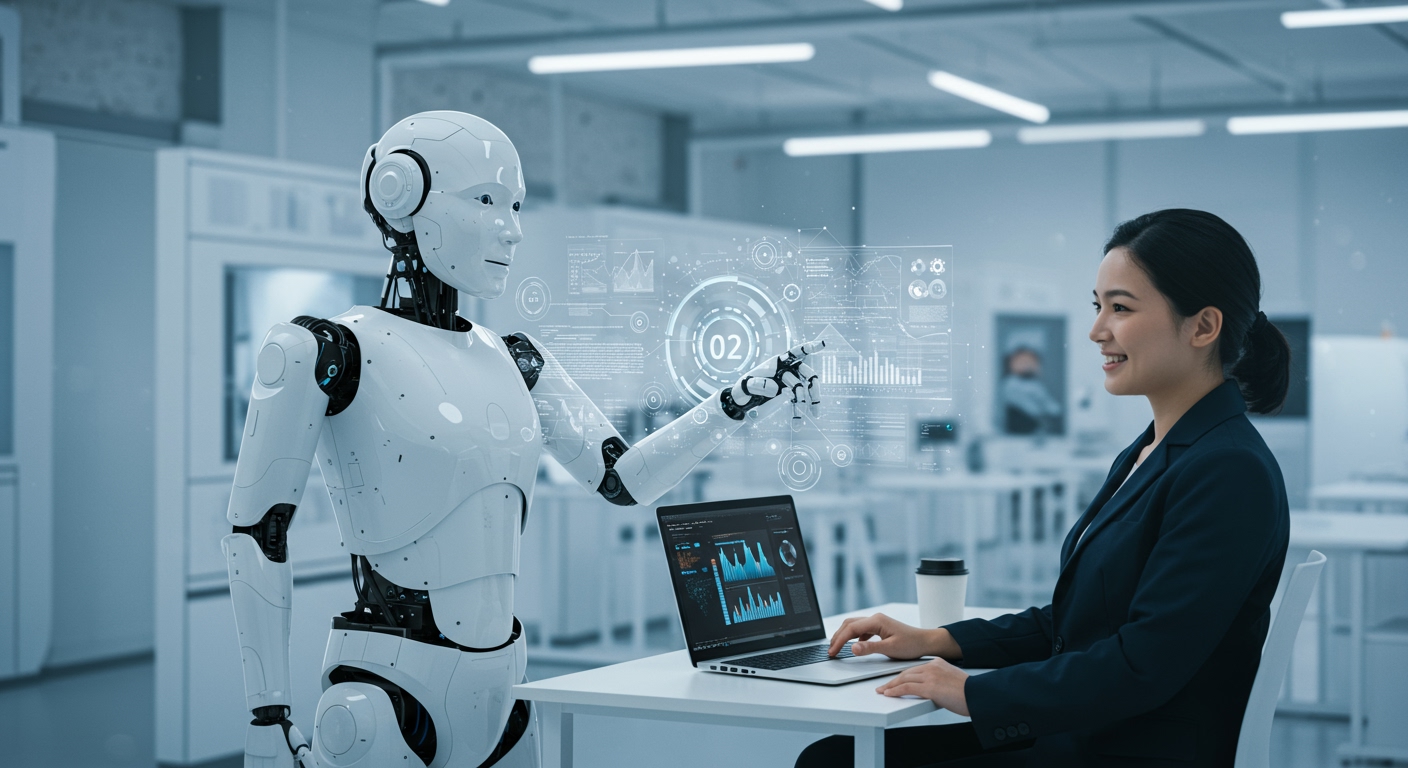 A modern, clean image of a humanoid robot (like Figure 02) interacting with a human worker in a collaborative, positive way within a clean, high-tech workspace.