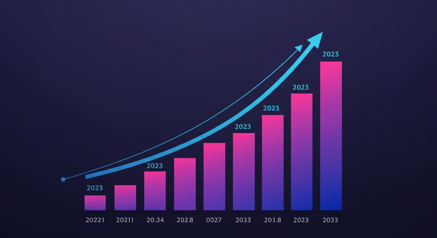 A vibrant bar chart showing the projected exponential growth of the AI voice generator market from 2023 to 2033, with rising bars and upward arrows.