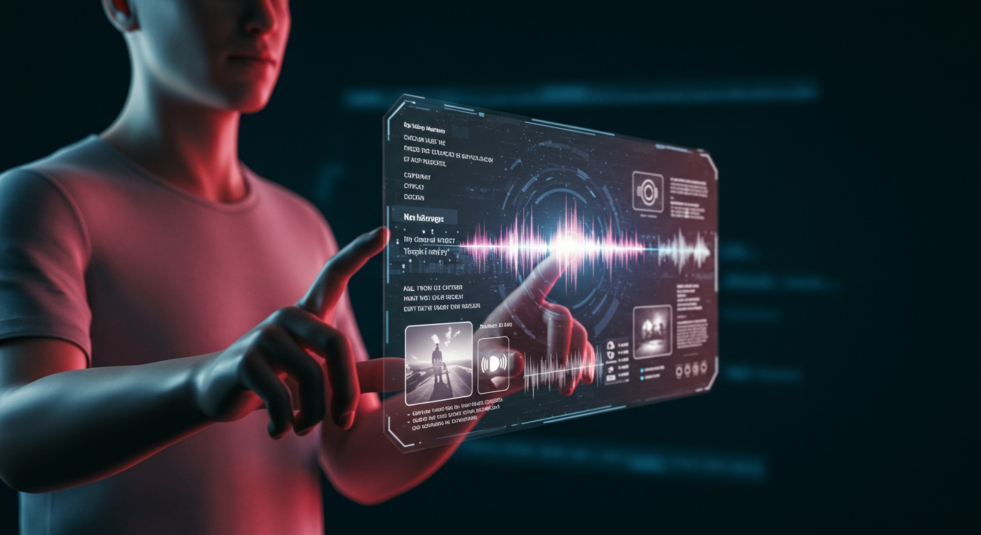 A vibrant, futuristic image showing a human interacting with a holographic interface that displays text, images, and audio waveforms, symbolizing multimodal AI capabilities.