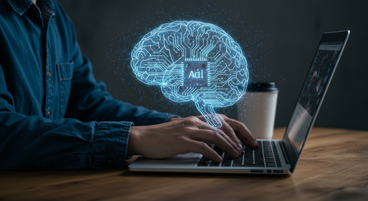 A person working on a laptop with abstract AI brain patterns emanating from the screen, emphasizing privacy and local control.