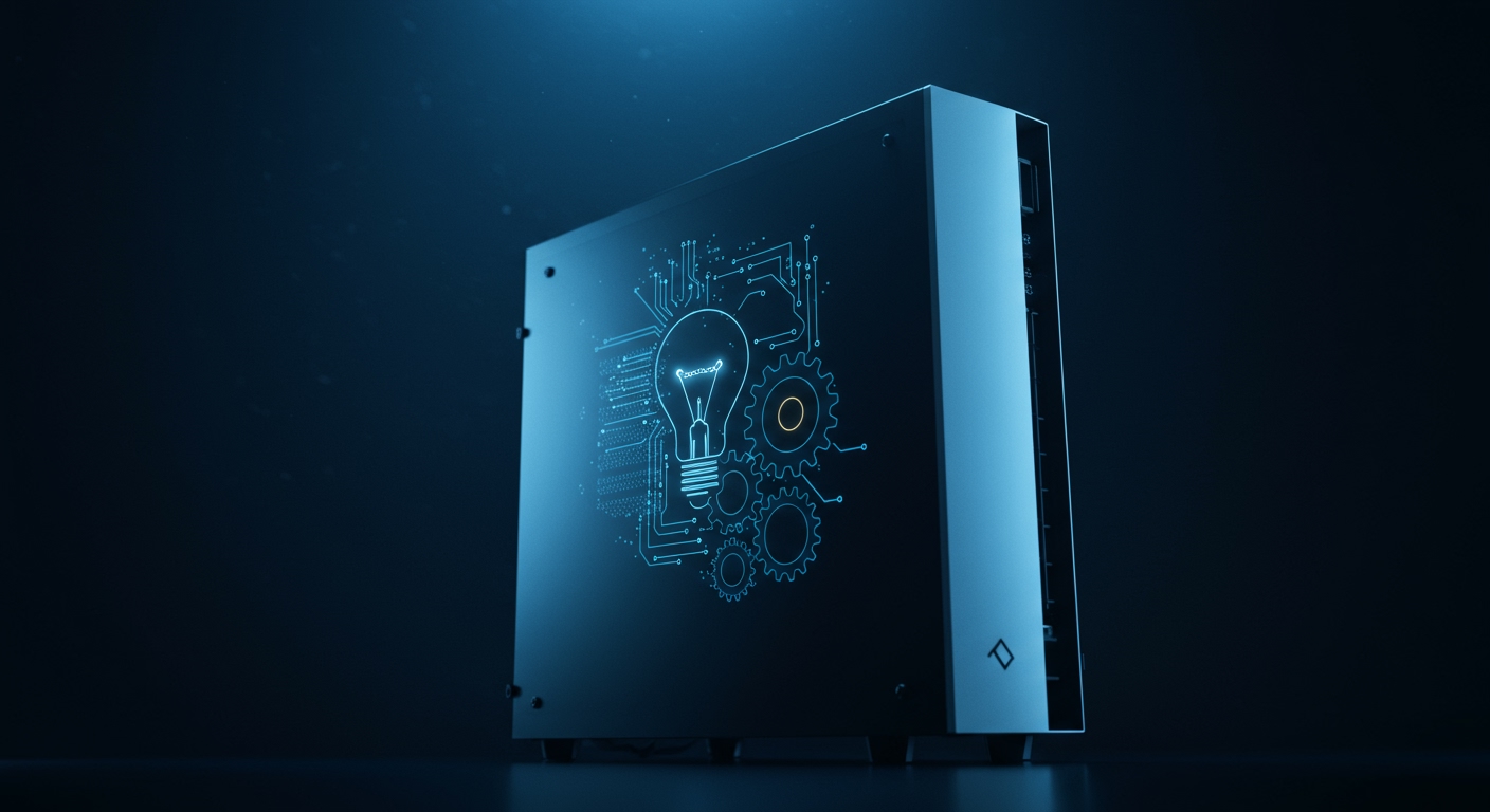 A stylized graphic showing a computer tower with gears and a lightbulb, representing local processing power and efficiency for AI models.