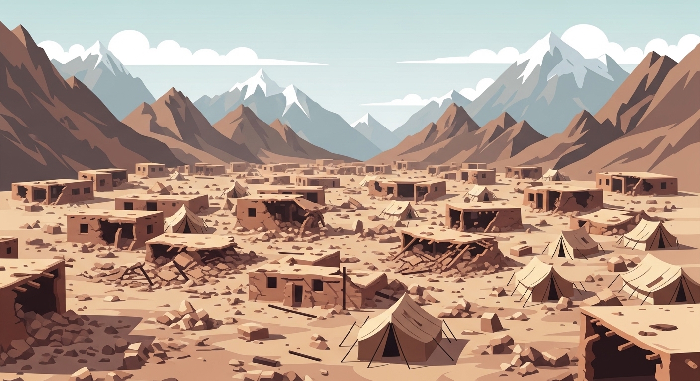 A wide aerial shot showing a flattened village in a mountainous region of Afghanistan after an earthquake, with debris scattered and a few makeshift tents visible among the ruins. - Afghanistan Earthquake 2025: Devastation Deepens Humanitarian Crisis