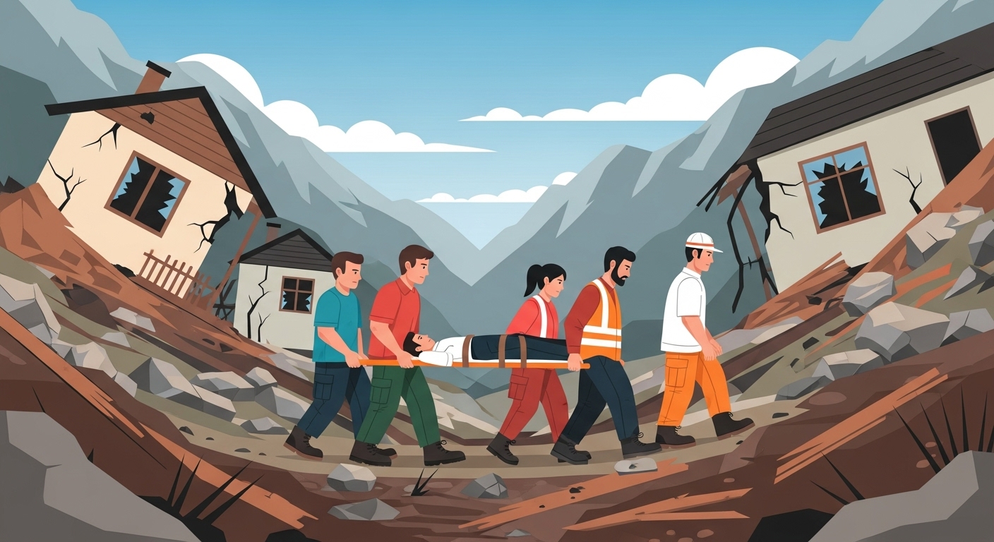 A group of aid workers or local volunteers carrying a stretcher through a narrow, debris-filled path in a mountainous region, with damaged homes in the background. - Afghanistan Earthquake 2025: Devastation Deepens Humanitarian Crisis