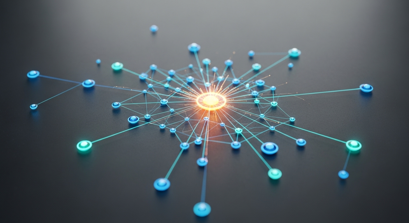A futuristic network of interconnected glowing AI agents collaborating on complex problem-solving, illustrating the power of Agentic AI and autonomous systems.