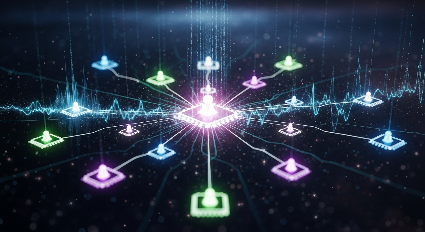 A network of interconnected AI agents, each represented by a glowing node, collaborating to solve a complex problem. Lines of data flow between them, illustrating seamless communication and orchestrated action. - Agentic AI: The Future of Autonomous Systems and Proactive Problem-Solving