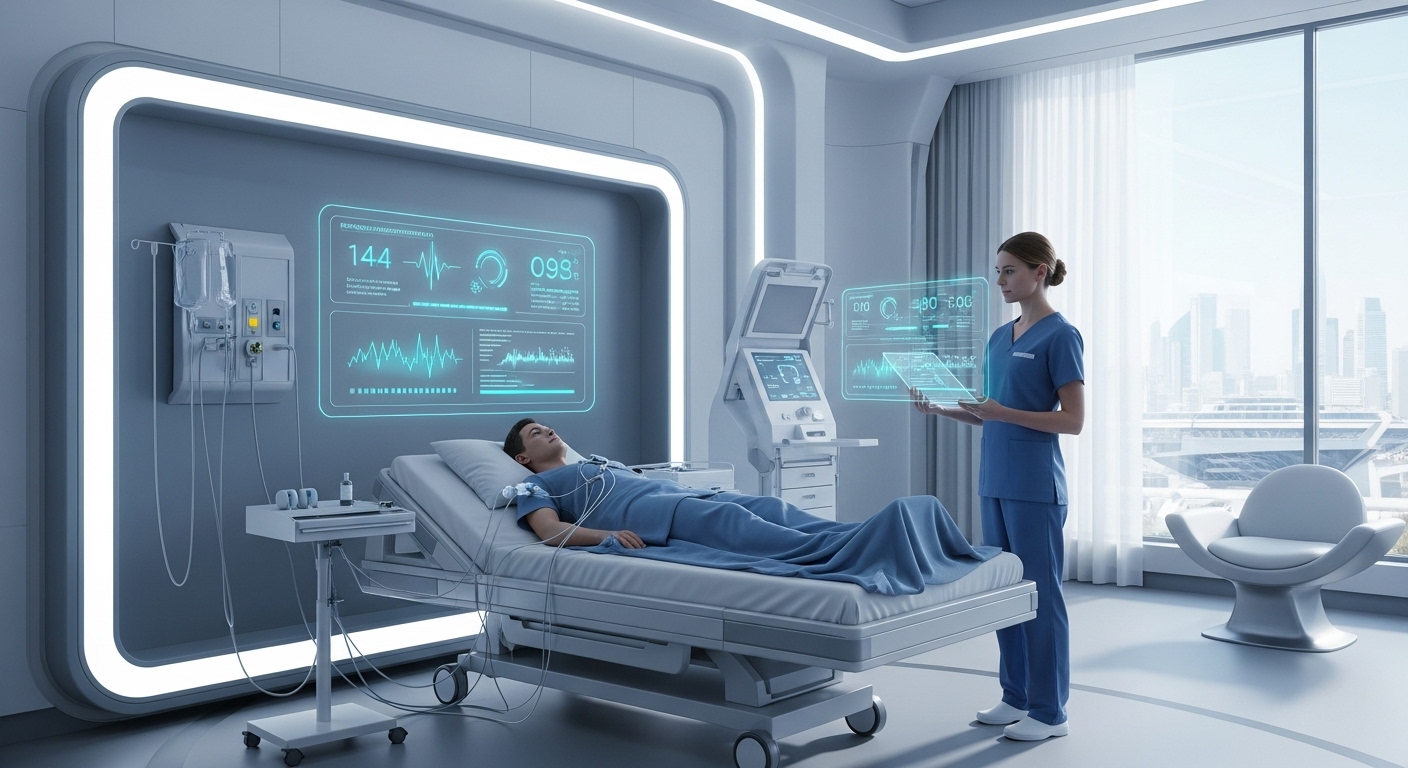 A futuristic hospital room with a discreet AI interface monitoring a patient's vital signs and displaying personalized treatment recommendations. A healthcare professional reviews the AI's insights on a tablet. - Agentic AI: The Future of Autonomous Systems and Proactive Problem-Solving
