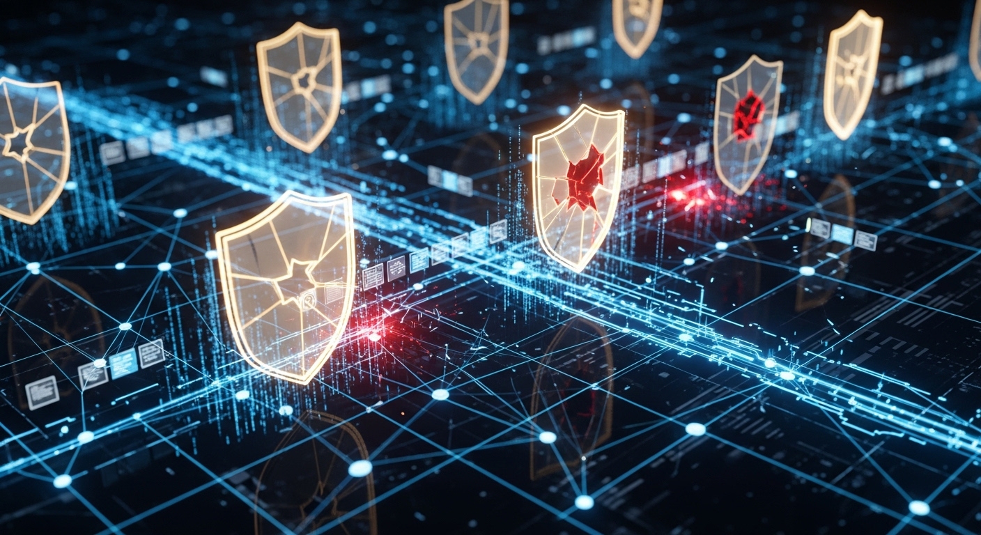 A complex network of interconnected data points and glowing security shields, some with cracks, illustrating the intricate balance between data flow and privacy vulnerabilities in AI systems. - The Evolving Landscape of AI Companions: Benefits, Risks, and the Quest for Regulation