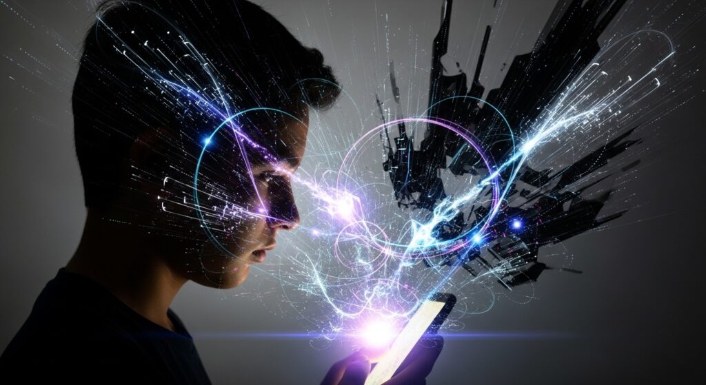 A silhouette of a teenager looking at a glowing smartphone screen, with abstract, swirling AI algorithms emanating from it, creating both bright and dark patterns around their head. - AI's Ethical Crossroads: Navigating Its Impact on Teen Mental Health