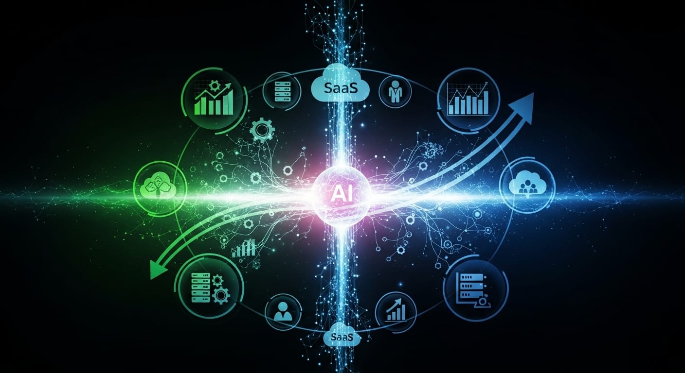 AI-powered SaaS infrastructure with interconnected digital nodes and data processing