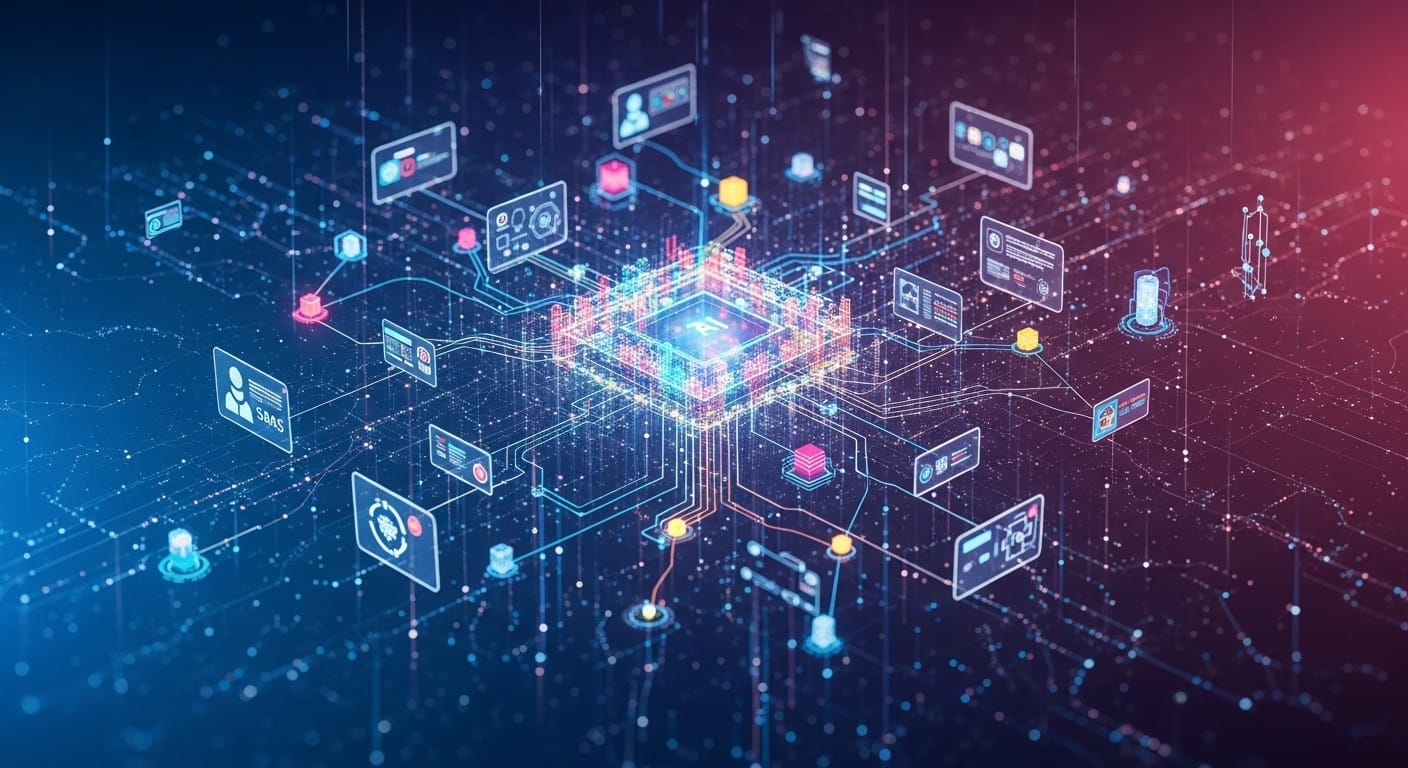 An intricate network of interconnected digital nodes representing AI algorithms processing data within a cloud-based SaaS infrastructure. - AI in SaaS: Reshaping the Future of Business Technology