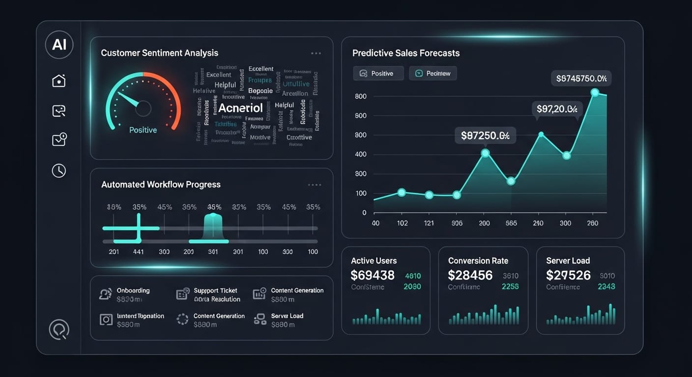 A dashboard displaying various AI-powered SaaS metrics, including customer sentiment analysis, automated workflow progress, and predictive sales forecasts. - AI in SaaS: Reshaping the Future of Business Technology