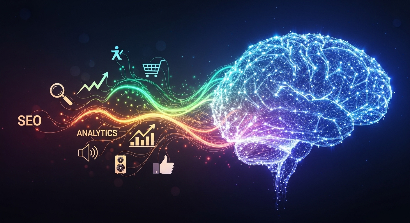 An AI robot hand drawing a personalized digital marketing campaign with various content formats, symbolizing AI innovations in marketing.