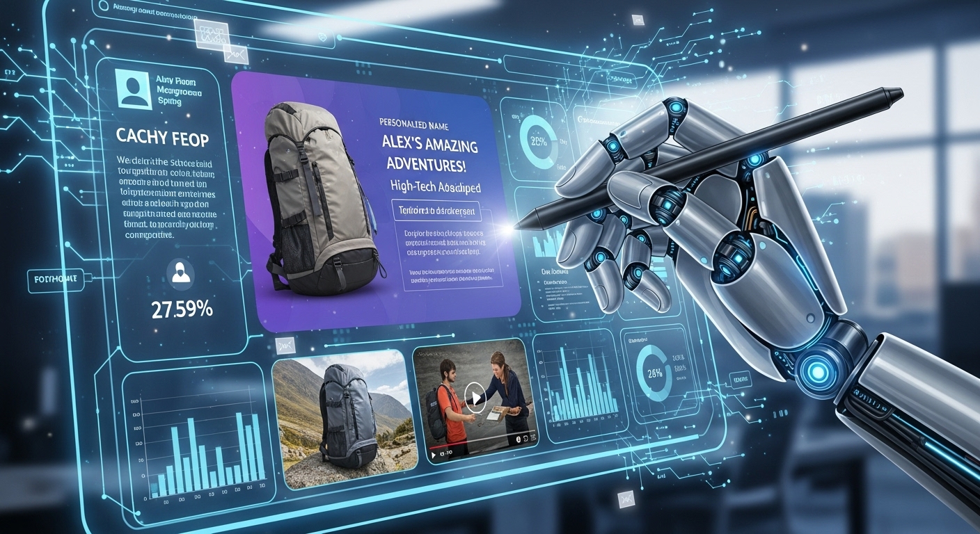 An AI robot hand drawing a detailed, personalized marketing campaign on a digital canvas, surrounded by various content formats like text, images, and video. - The Latest AI Innovations Transforming Digital Marketing