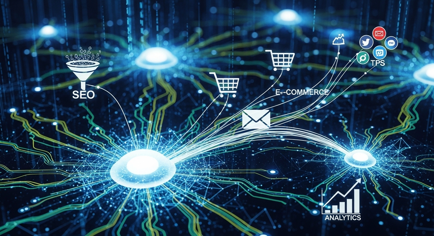 A stylized depiction of interconnected AI neural networks, with glowing nodes representing data and insights, flowing into various digital marketing channels. - The Latest AI Innovations Transforming Digital Marketing