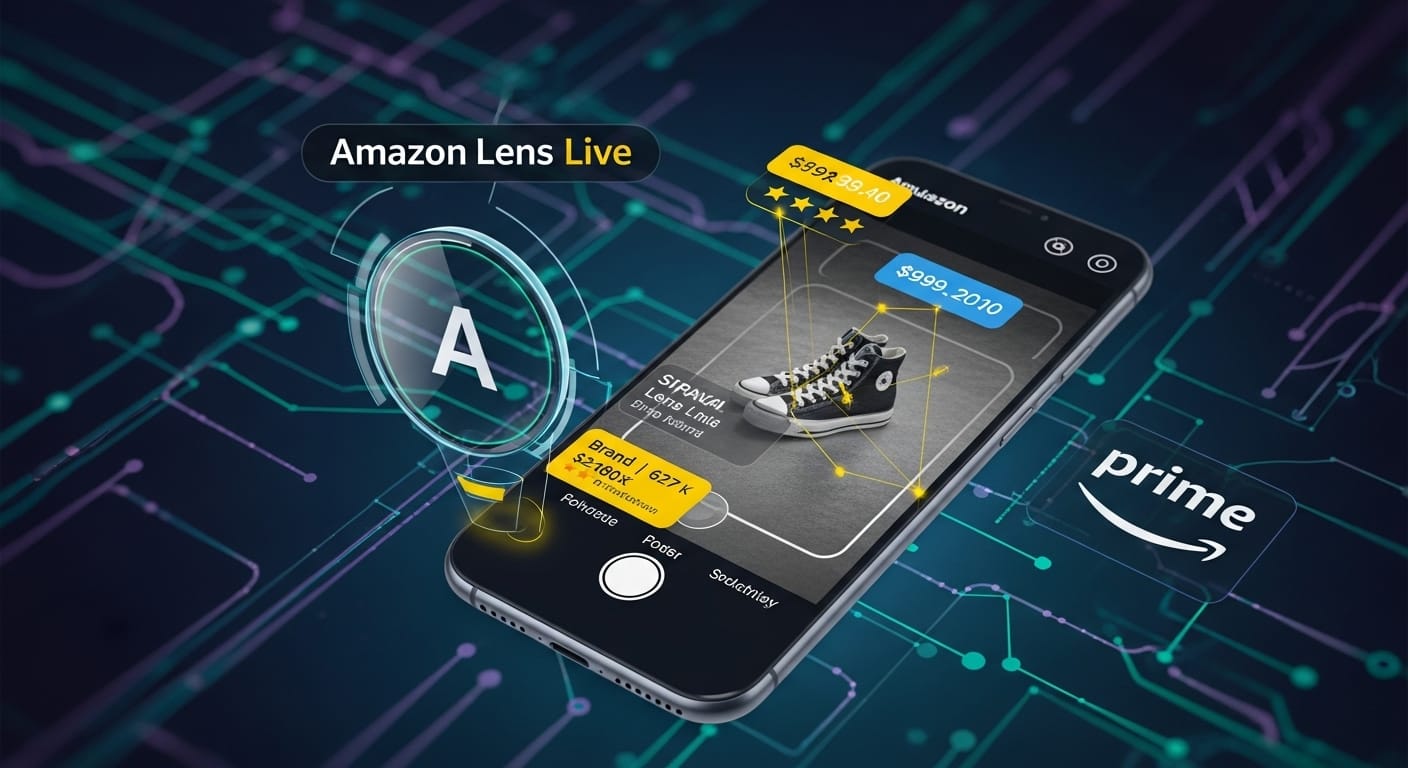A smartphone displaying Amazon Lens Live, showing real-time product identification using AI-powered visual search technology.