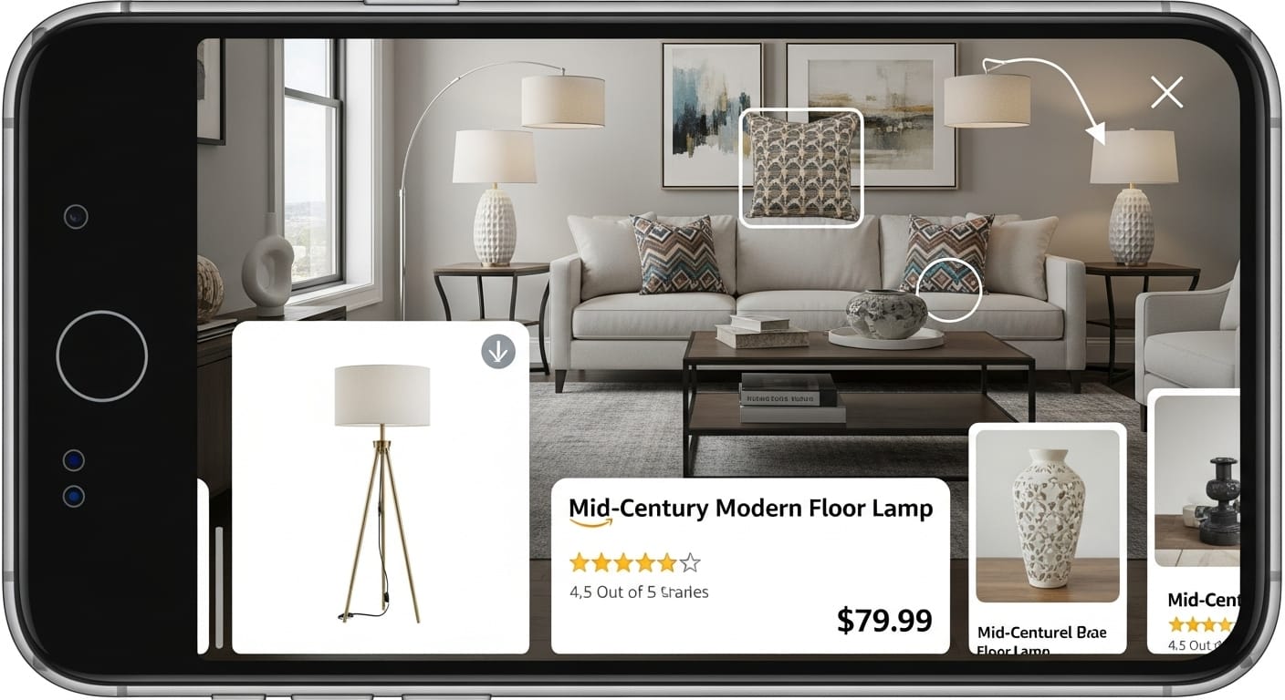 A smartphone screen showing the Amazon Lens Live interface, with a camera view of a living room. Products like a lamp and a cushion are highlighted with superimposed Amazon product cards appearing in a carousel at the bottom. - Amazon Lens Live: Revolutionizing Shopping with AI-Powered Visual Search