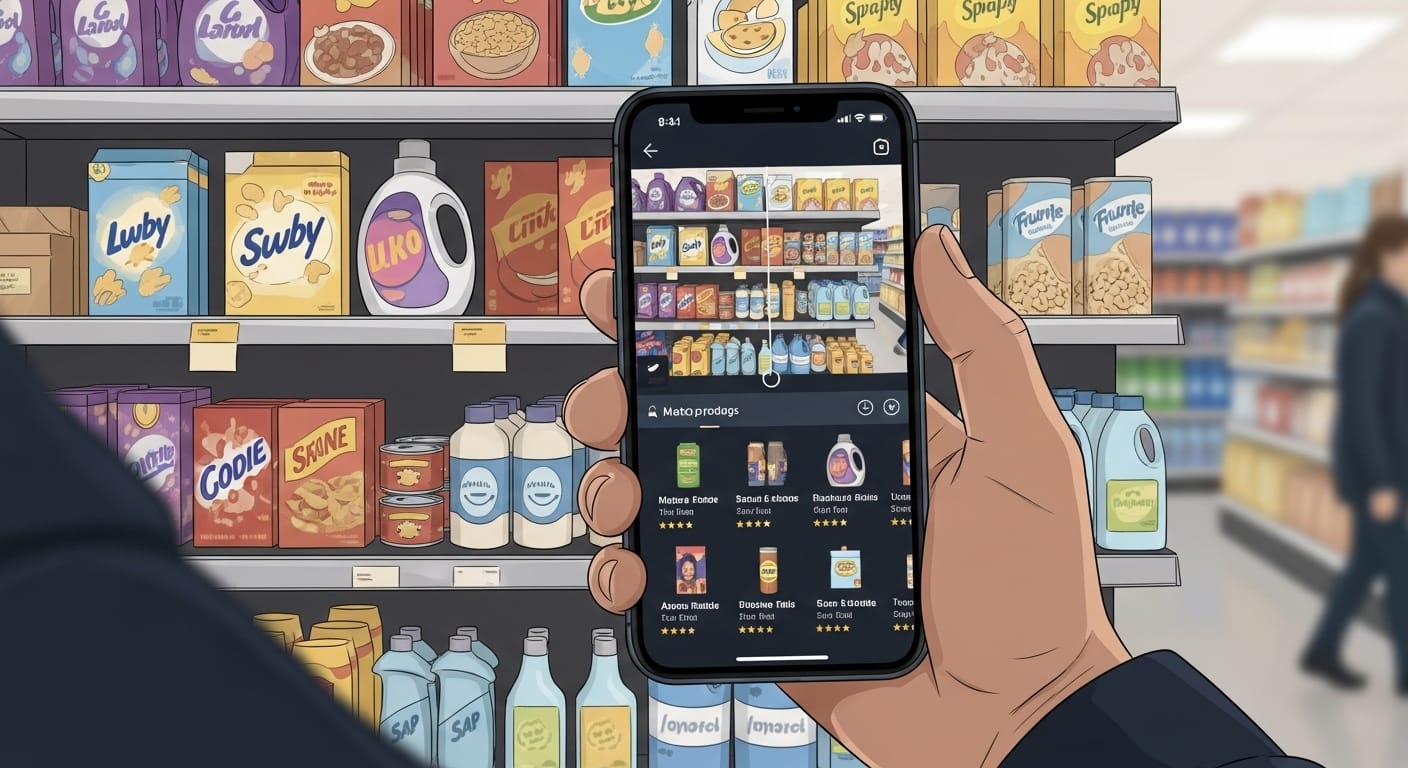 A person holding a smartphone, pointing it at a display of various household items in a store. The phone screen shows real-time product matches from Amazon's catalog for the items in view. - Amazon Lens Live: Revolutionizing Shopping with AI-Powered Visual Search