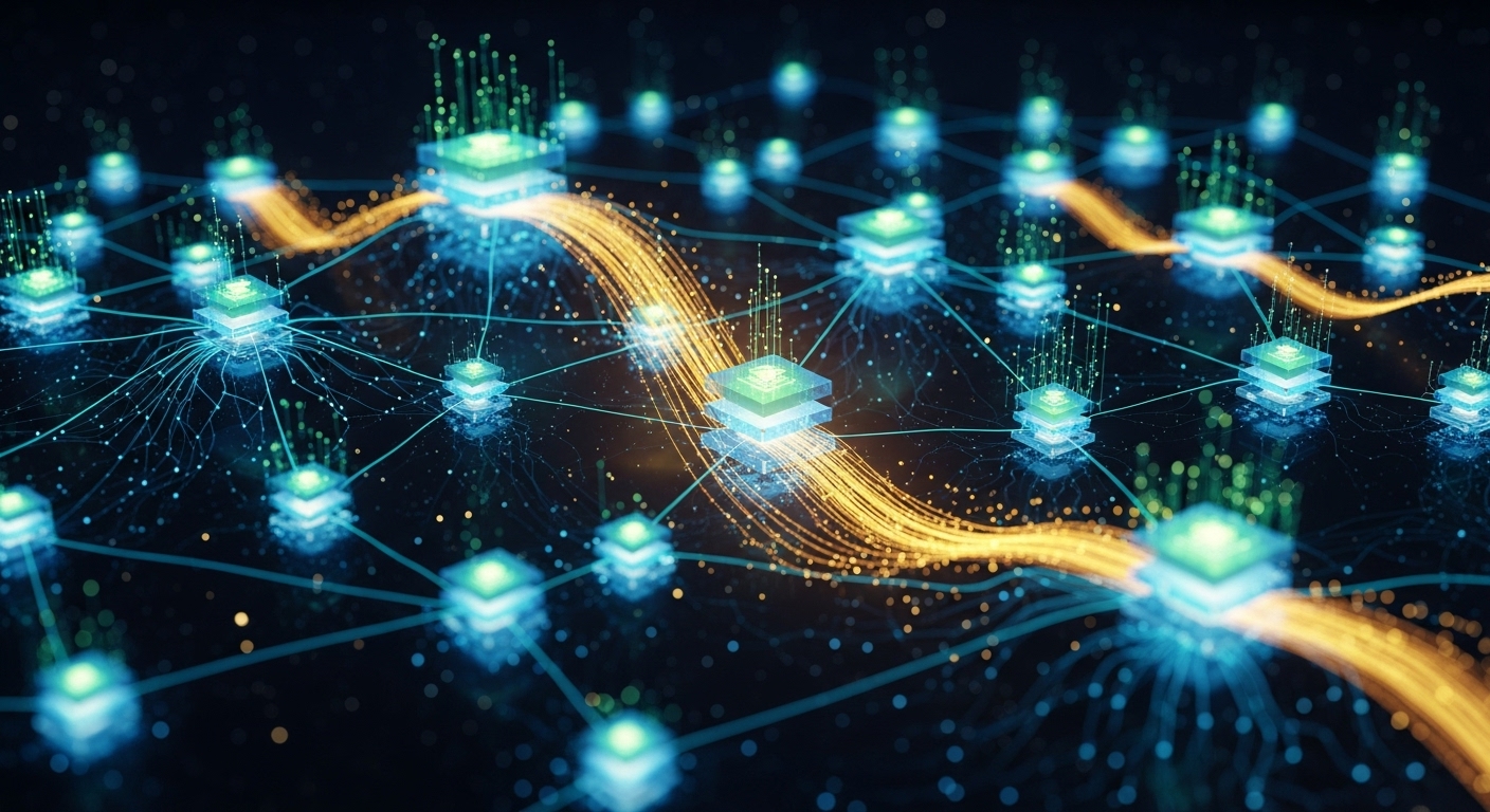 A high-level, abstract representation of interconnected data points and neural networks, symbolizing the vast and rapidly expanding AI ecosystem and the flow of capital within it. - Anthropic Secures $13 Billion Series F Funding, Valuation Soars to $183 Billion