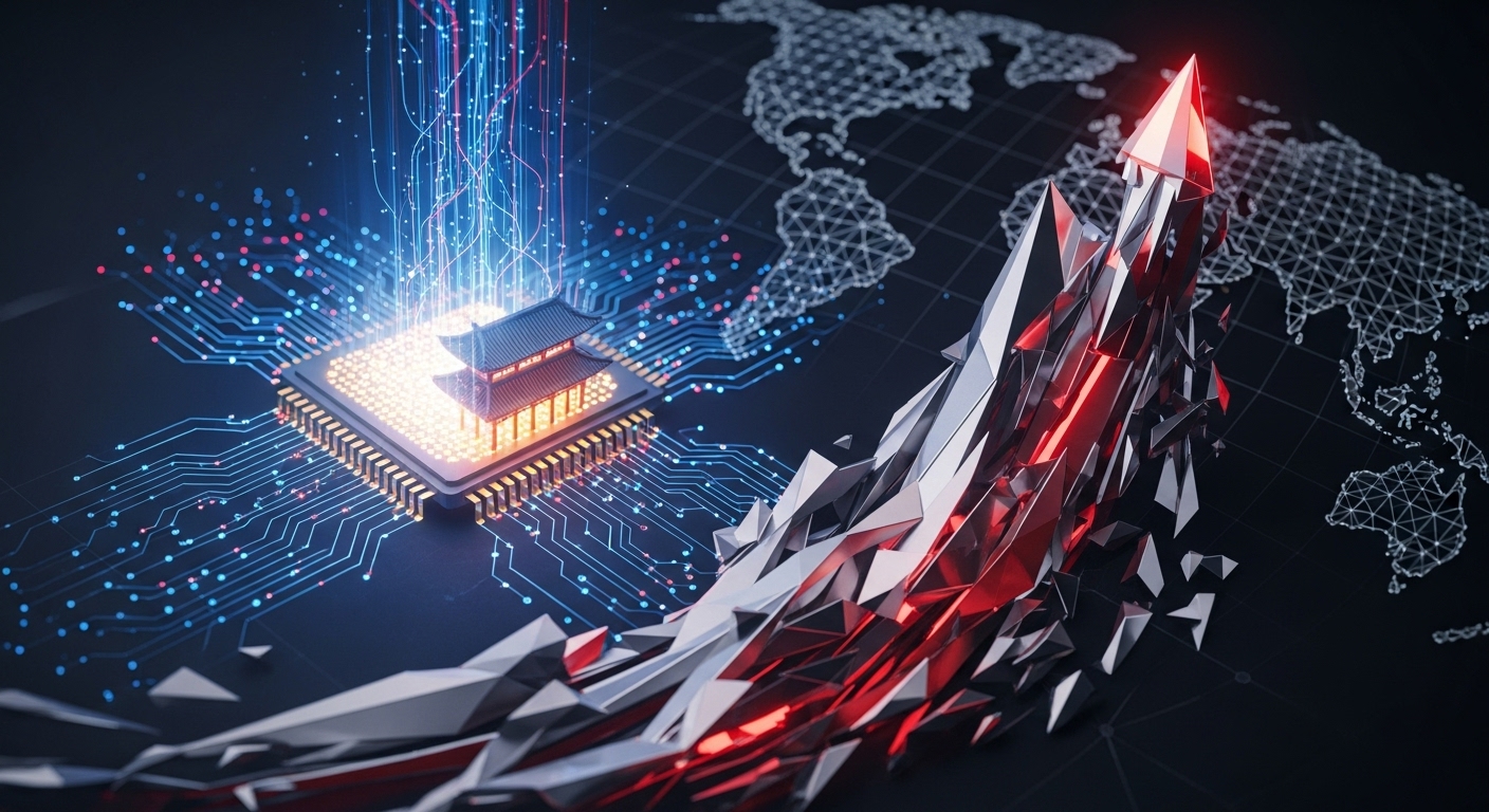 An abstract, glowing circuit board with interconnected nodes, symbolizing China's burgeoning domestic AI chip industry and its global impact.