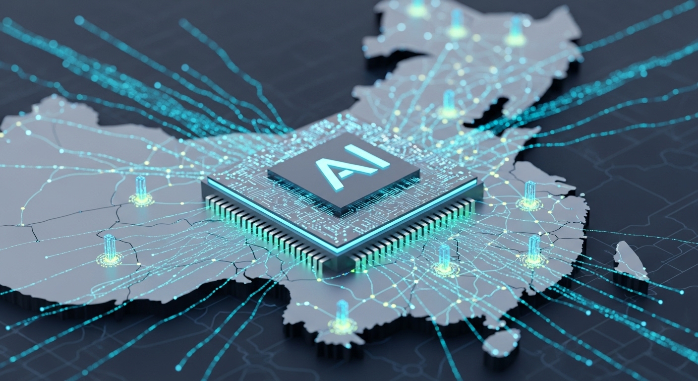 A detailed, close-up isometric view of a futuristic AI chip, with glowing circuits and intricate patterns, symbolizing advanced technology and innovation, set against a backdrop of a stylized map of China with radiating lines of data. - China's AI Chip Ascent: Reshaping Global Tech Dominance