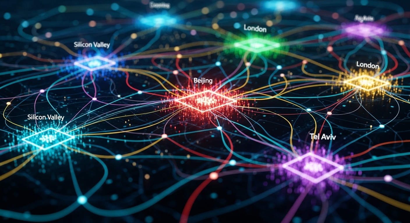 A complex, interconnected network of glowing digital lines and nodes, with several distinct, brightly lit clusters representing different global AI tech hubs, symbolizing a multi-polar world of AI innovation and competition. - China's AI Chip Ascent: Reshaping Global Tech Dominance