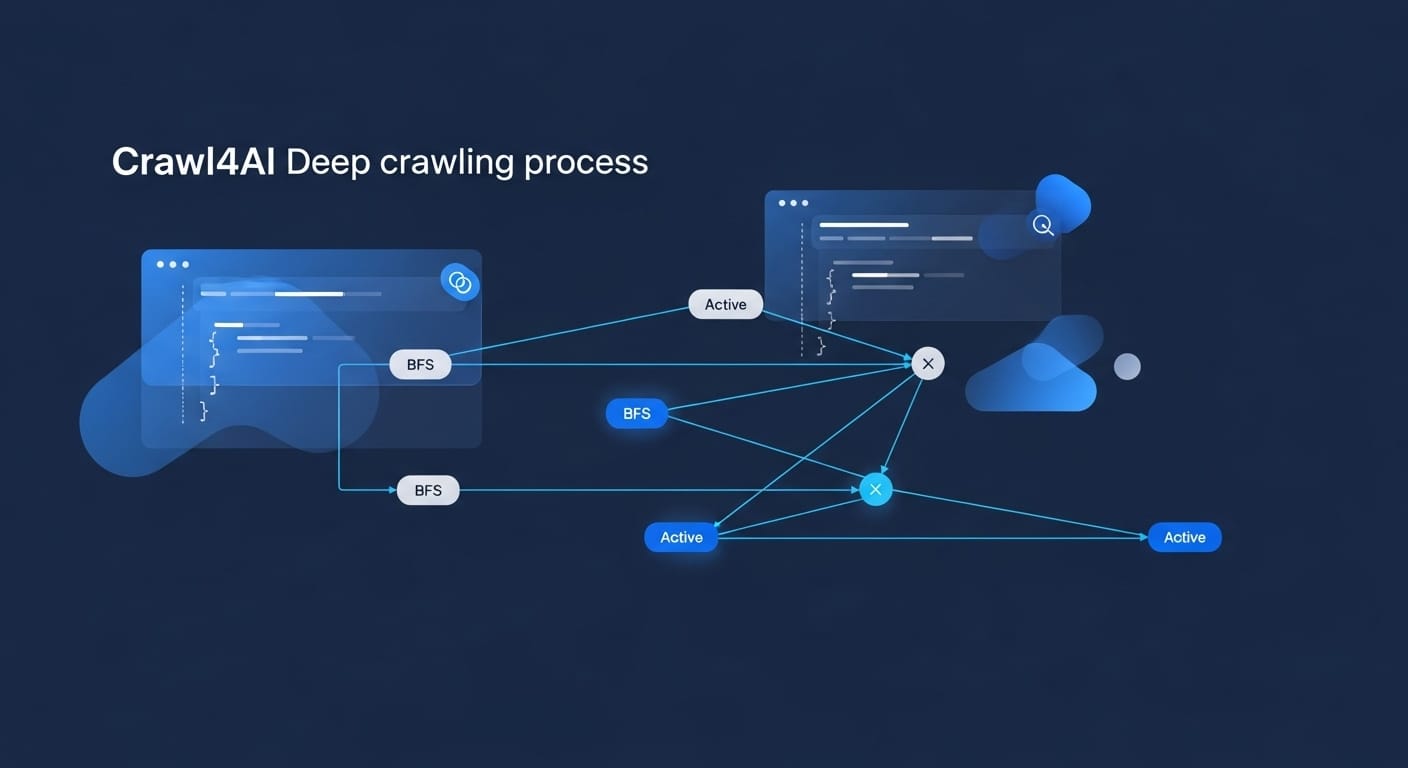 A detailed, specific prompt showing the Crawl4AI deep crawling process, perhaps a flow diagram illustrating BFS traversing web pages and extracting data, with code snippets overlaid on a modern, clean UI. - Crawl4AI: The Open-Source Web Crawler for LLMs & AI