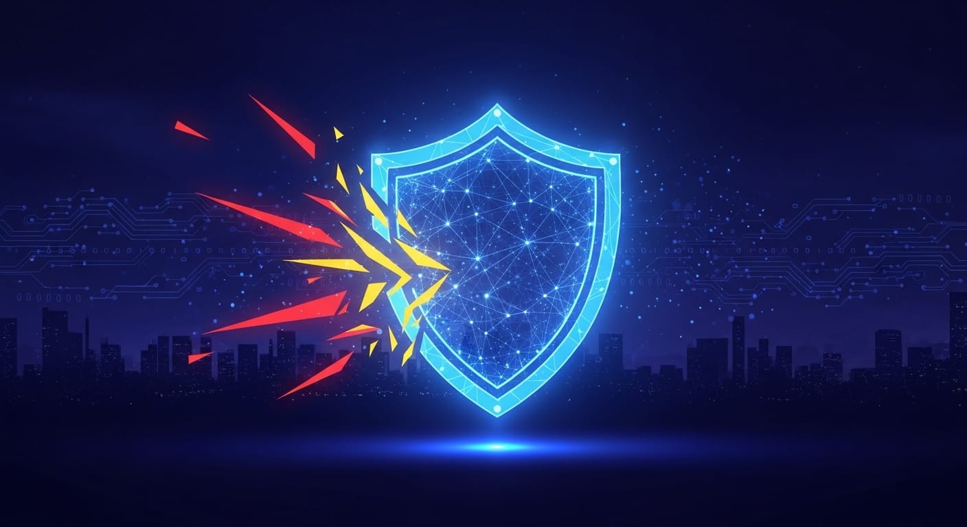 Digital shield protecting a corporate network from various cybersecurity threats like ransomware, phishing, and supply chain attacks, symbolizing business resilience.