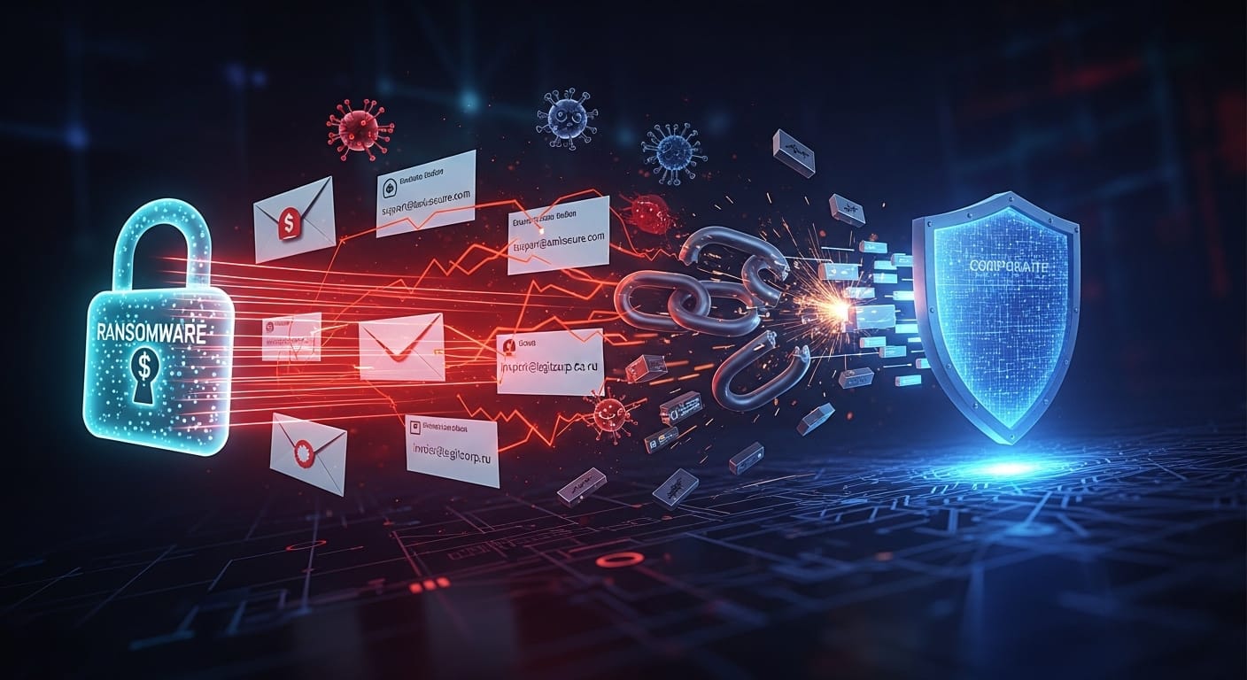 A digital illustration depicting various cyber threats like ransomware icons, phishing emails, and a supply chain network with a broken link, all converging on a corporate network shield. - Fortify Your Business: Cybersecurity Resilience Strategies