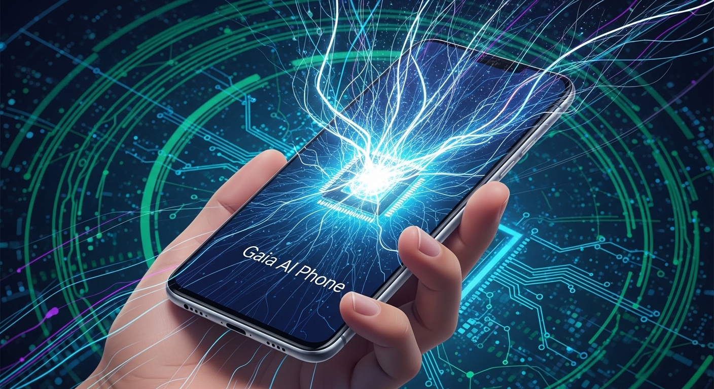 A graphic illustrating the difference between cloud AI and Edge AI, showing data processed locally on a smartphone for faster, more secure processing, representing the Gaia AI Phone.
