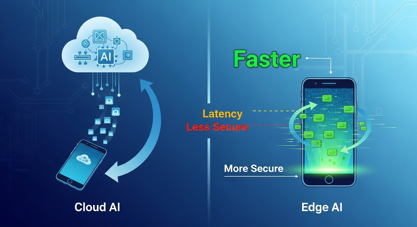 A graphic illustrating the difference between cloud AI (data travelling to a central cloud) and Edge AI (data processed locally on a smartphone, showing faster, more secure processing). - Edge AI Revolution: Gaia AI Phone and the Future of On-Device Processing