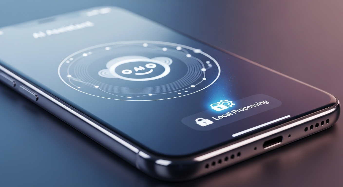 A close-up of a sleek smartphone displaying an AI assistant interface, with subtle visual cues indicating on-device processing (e.g., a small 