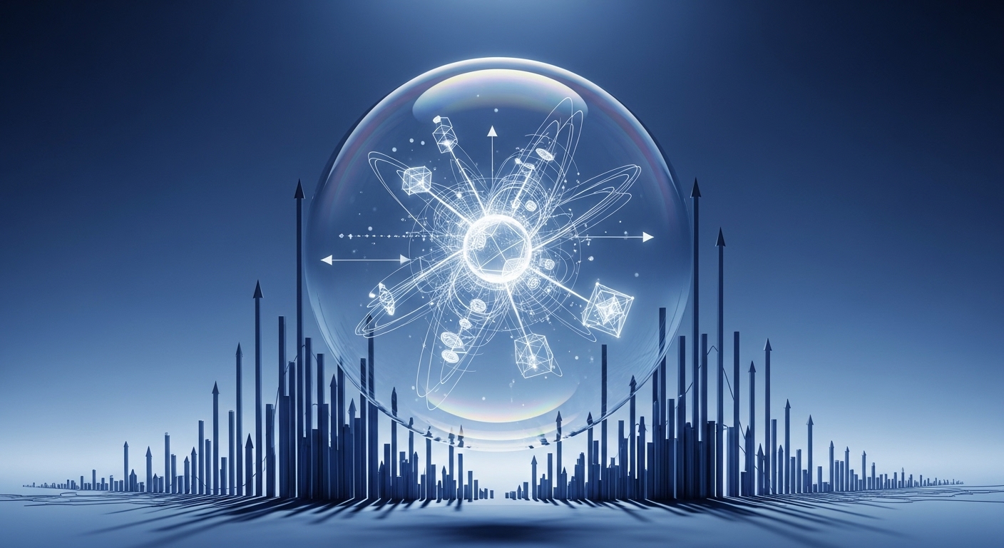 Graphic illustrating a large bubble labeled 'AI Investment' with smaller, empty bubbles labeled 'ROI', symbolizing the disconnect between investment and returns in generative AI.