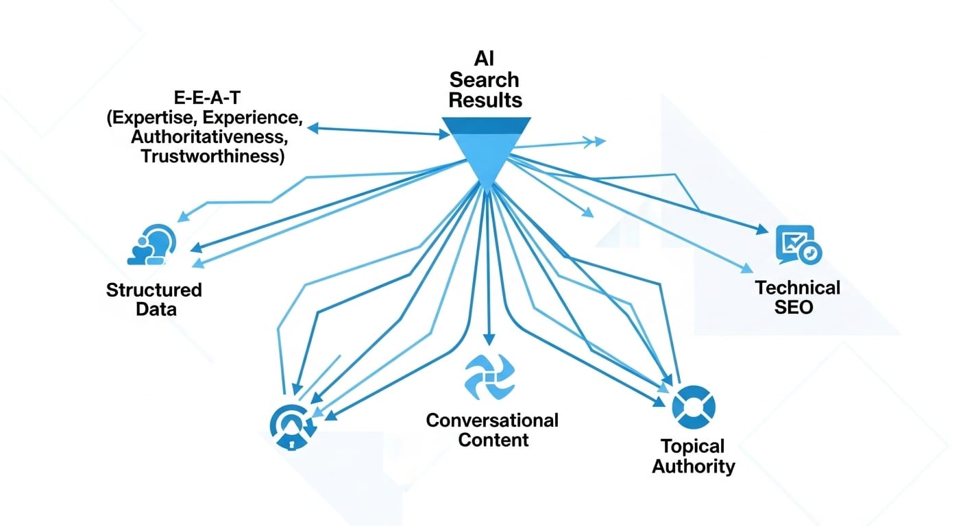 A graphic illustrating the interconnectedness of various GEO strategies: E-E-A-T, Structured Data, Conversational Content, Topical Authority, and Technical SEO, all feeding into AI search results. - Generative Engine Optimization (GEO): The Future of AI Search