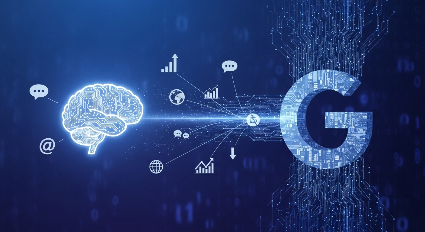 Google Ads logo integrated with a brain-like AI icon, surrounded by data points, representing AI's role in automated language targeting and campaign optimization.
