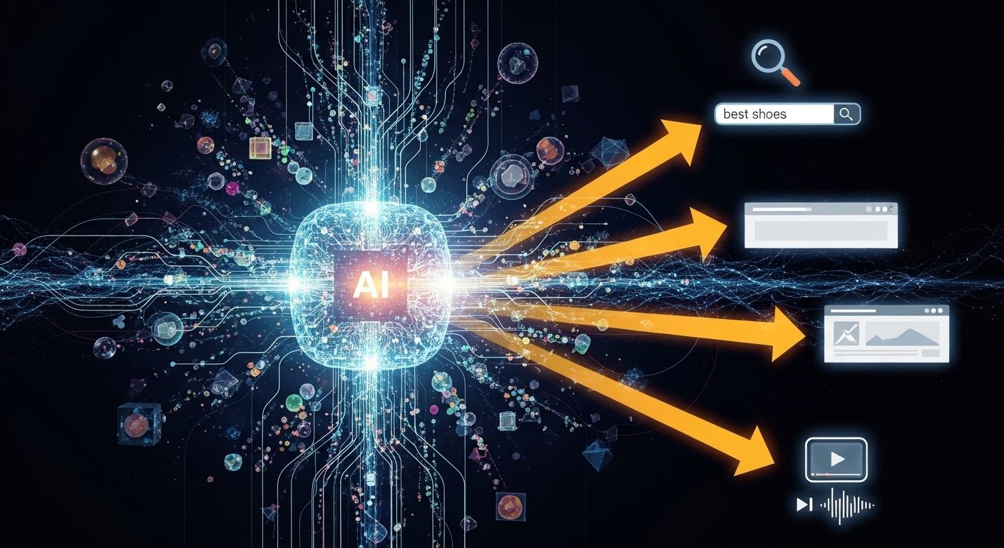A visual representation of various data points converging into a central AI system, with arrows pointing out to different advertising channels like search, display, and video. - Google Ads AI: Navigating Automated Language Targeting & Performance Max