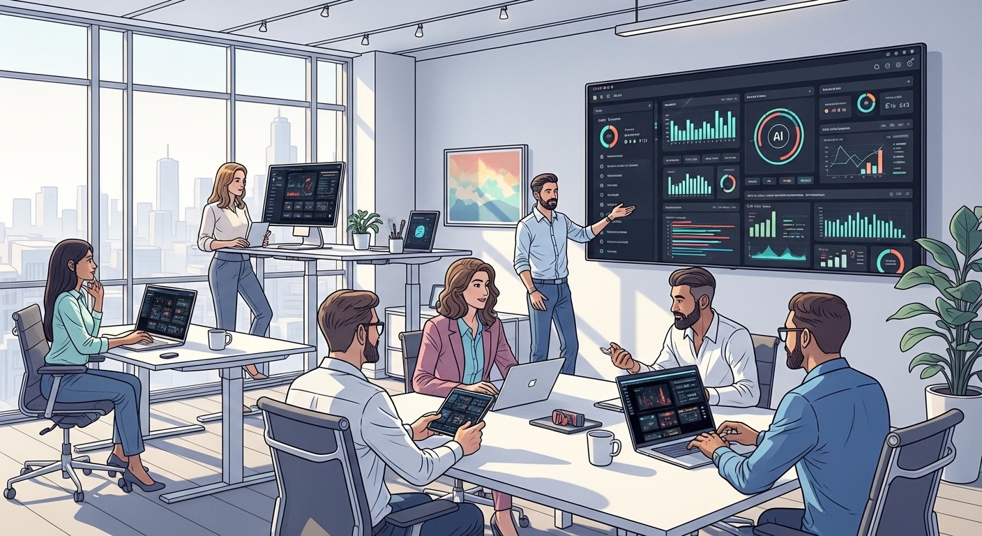 A clean, modern office environment where a diverse team is collaborating, with AI-driven dashboards subtly displayed on screens, symbolizing streamlined back-office operations. - LayerX Secures $100M Series B to Revolutionize AI Back-Office Automation
