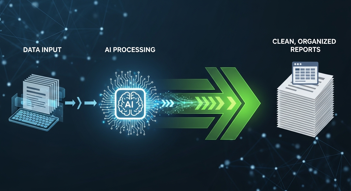 A graphic illustrating the flow of automated back-office processes, showing data input, AI processing, and output of clean, organized reports, with arrows indicating efficiency gains. - LayerX Secures $100M Series B to Revolutionize AI Back-Office Automation