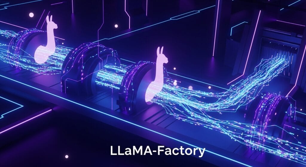 A screenshot of the LLaMA-Factory WebUI (LlamaBoard) showing a Llama 3 8B model being fine-tuned with an Alpaca dataset, demonstrating the ease of custom AI model training.