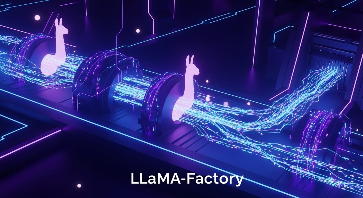 A screenshot of the LLaMA-Factory WebUI (LlamaBoard) showing a Llama 3 8B model being fine-tuned with an Alpaca dataset, demonstrating the ease of custom AI model training.
