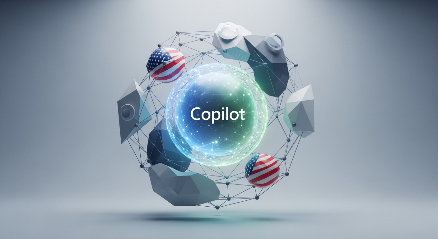 Digital lock icon over government buildings, symbolizing secure Microsoft Copilot AI integration for federal workers through the GSA partnership.