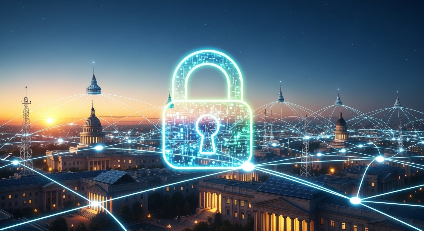 A digital lock icon superimposed over a network of interconnected government buildings, symbolizing secure AI integration in public services. - Microsoft Gives Free Copilot to Federal Workers in Landmark GSA Deal
