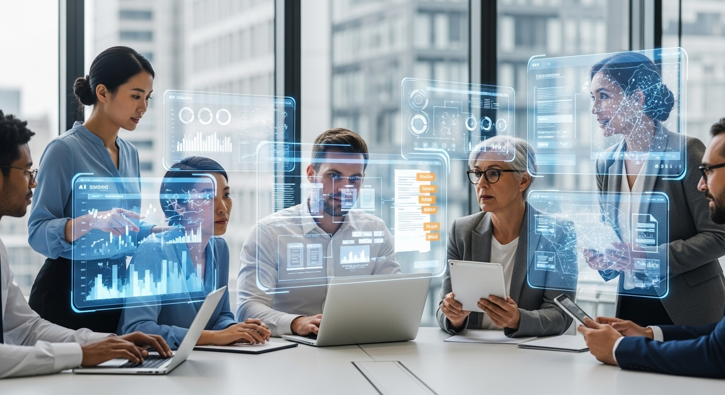 A diverse group of government workers collaboratively using laptops and tablets, with holographic AI interfaces assisting them in tasks like data analysis and document creation. - Microsoft Gives Free Copilot to Federal Workers in Landmark GSA Deal