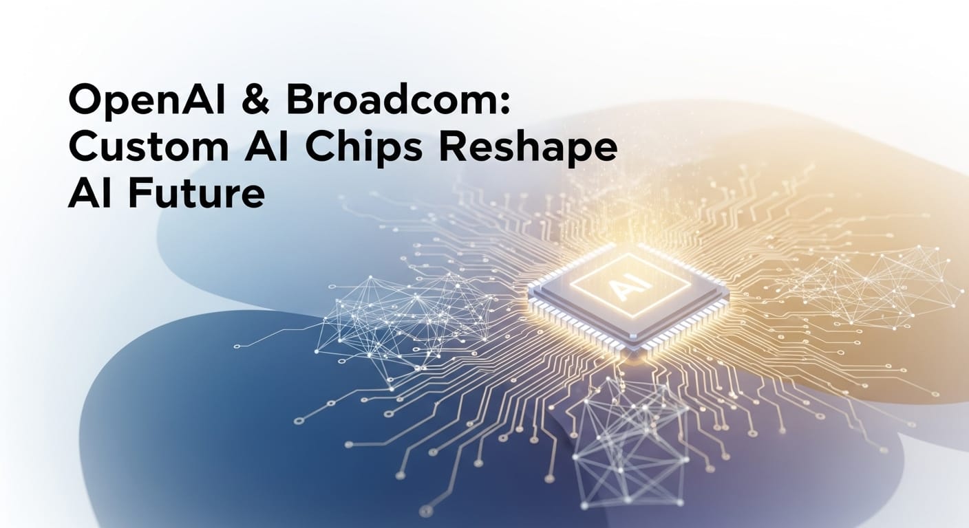 A sleek, futuristic AI chip design with glowing circuits, symbolizing OpenAI's innovation in custom AI hardware development with Broadcom.
