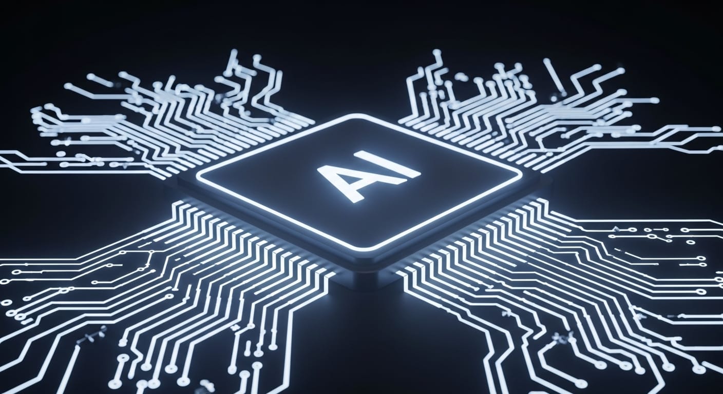 A sleek, futuristic AI chip design with glowing circuits, symbolizing innovation and advanced technology. - OpenAI & Broadcom: Custom AI Chips Reshape AI Future