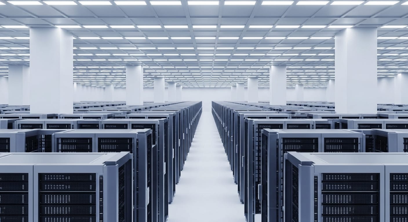 A data center with rows of servers, emphasizing the scale of AI infrastructure and custom chip deployment. - OpenAI & Broadcom: Custom AI Chips Reshape AI Future